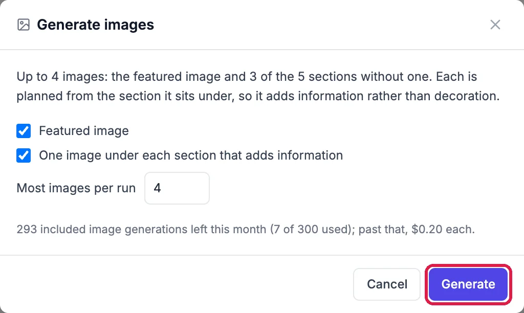The Generate images box with Featured image and One image under each section that adds information ticked, Most images per run 4, the monthly count, and the Generate button outlined