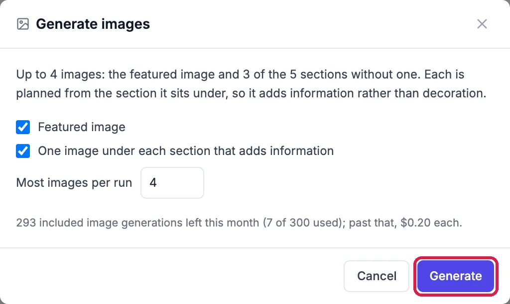 The Generate images box with Featured image and One image under each section that adds information ticked, Most images per run 4, the monthly count, and the Generate button outlined