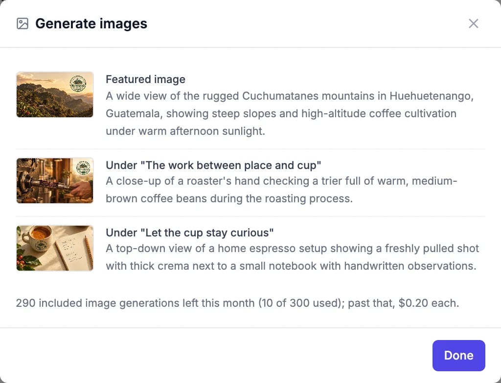 The Generate images box listing a featured image of the Cuchumatanes mountains and two pictures for sections of the post, with the Done button
