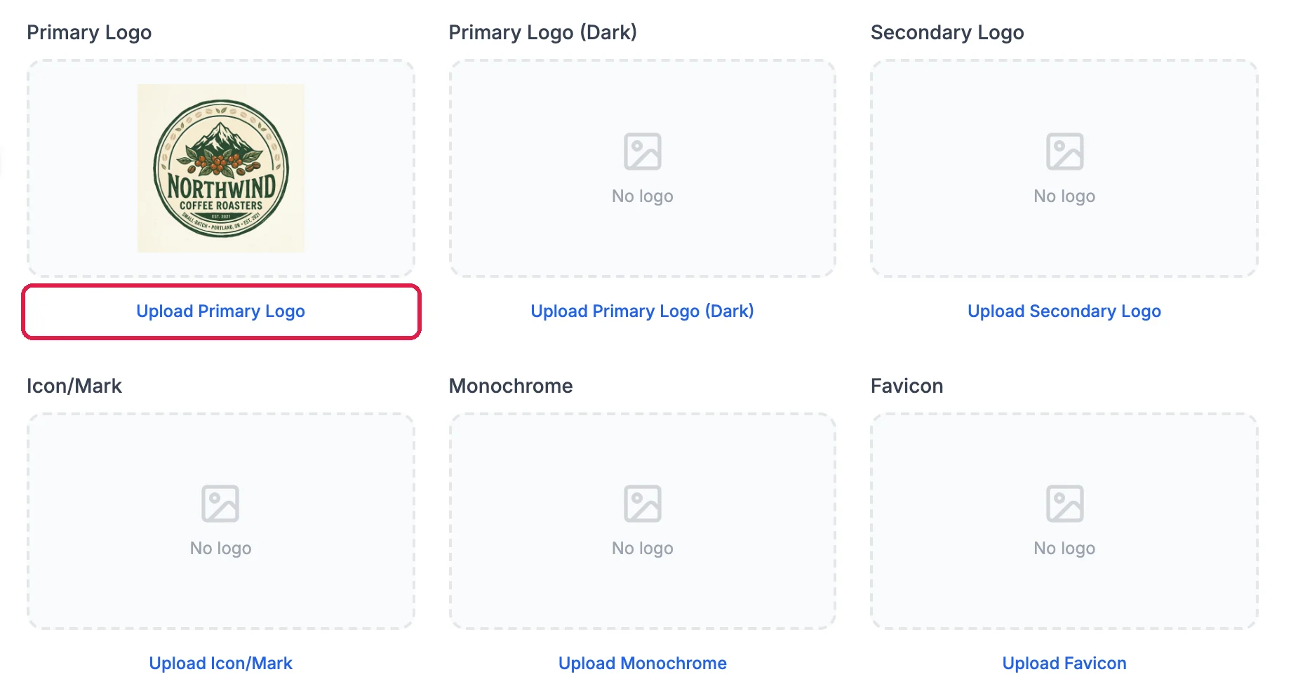 The Logos tab with the Northwind logo as the Primary Logo, the other five spaces reading No logo, and Upload Primary Logo outlined