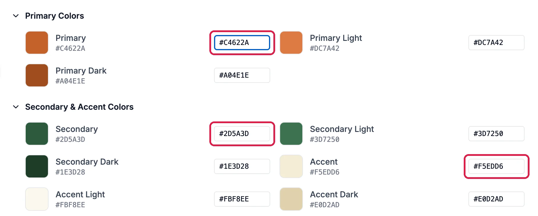 Primary Colors and Secondary and Accent Colors, with the Primary C4622A, Secondary 2D5A3D and Accent F5EDD6 boxes outlined