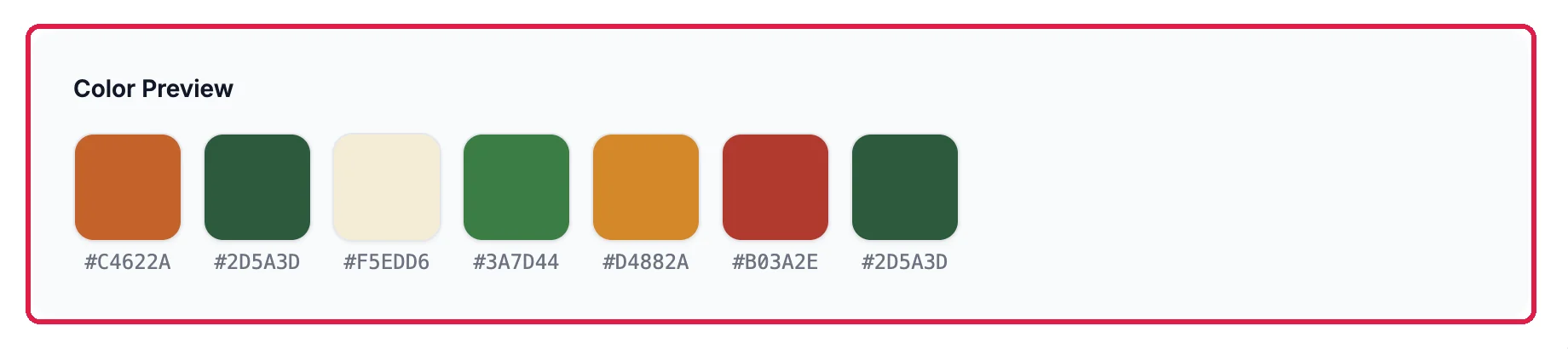Color Preview with seven swatches: burnt orange, forest green, cream, green, amber, red and forest green