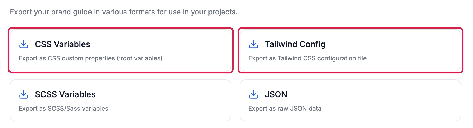 The Export tab with CSS Variables and Tailwind Config outlined, and SCSS Variables and JSON below