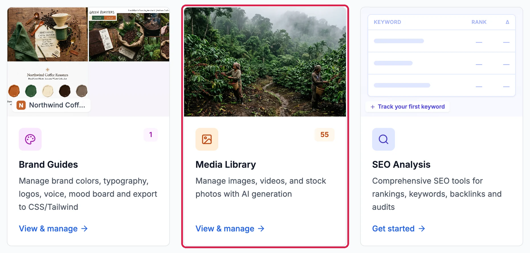 The Marketing page cards Brand Guides, Media Library and SEO Analysis, with the Media Library card outlined
