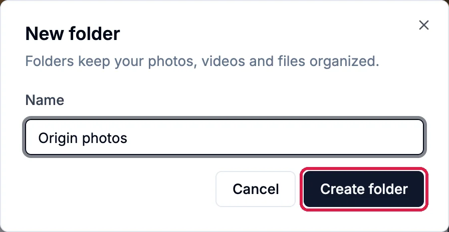 The New folder box with the name Origin photos and the Create folder button outlined