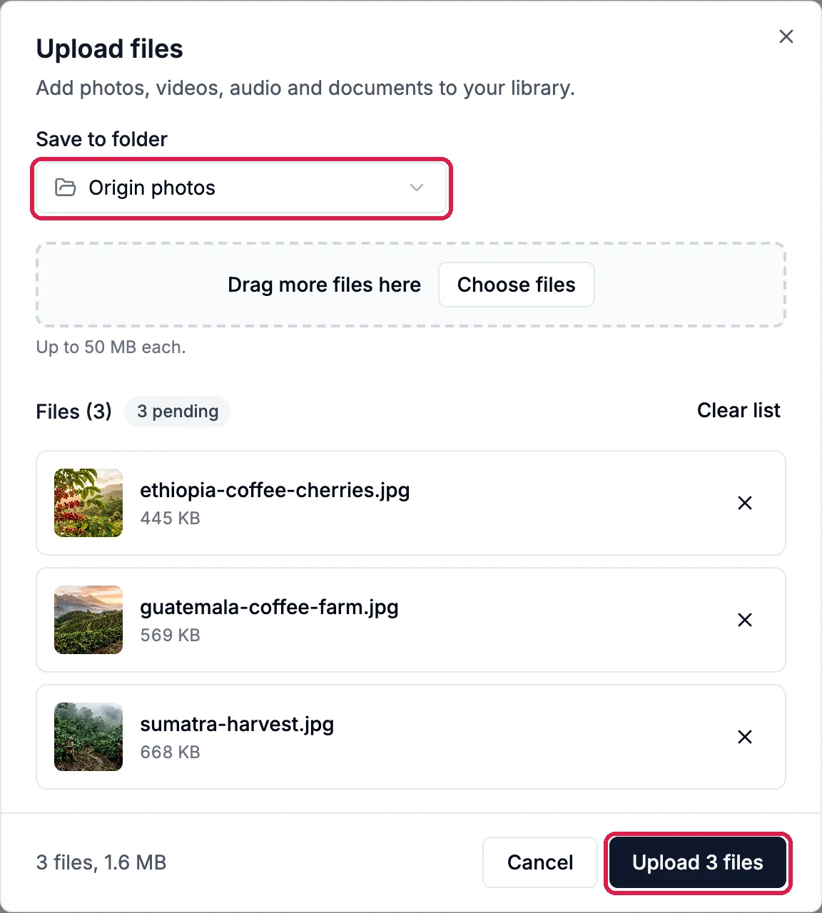 The Upload files box with Save to folder set to Origin photos, three coffee photos listed as pending, and the Save to folder box and the Upload 3 files button outlined