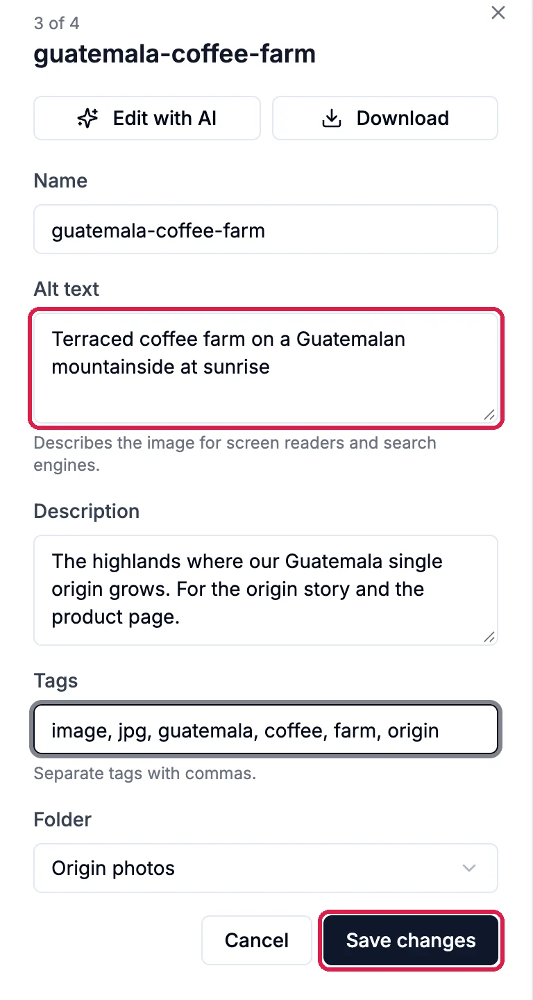 The photo details for guatemala-coffee-farm in edit mode, with the Alt text box and the Save changes button outlined, and a description and tags filled in