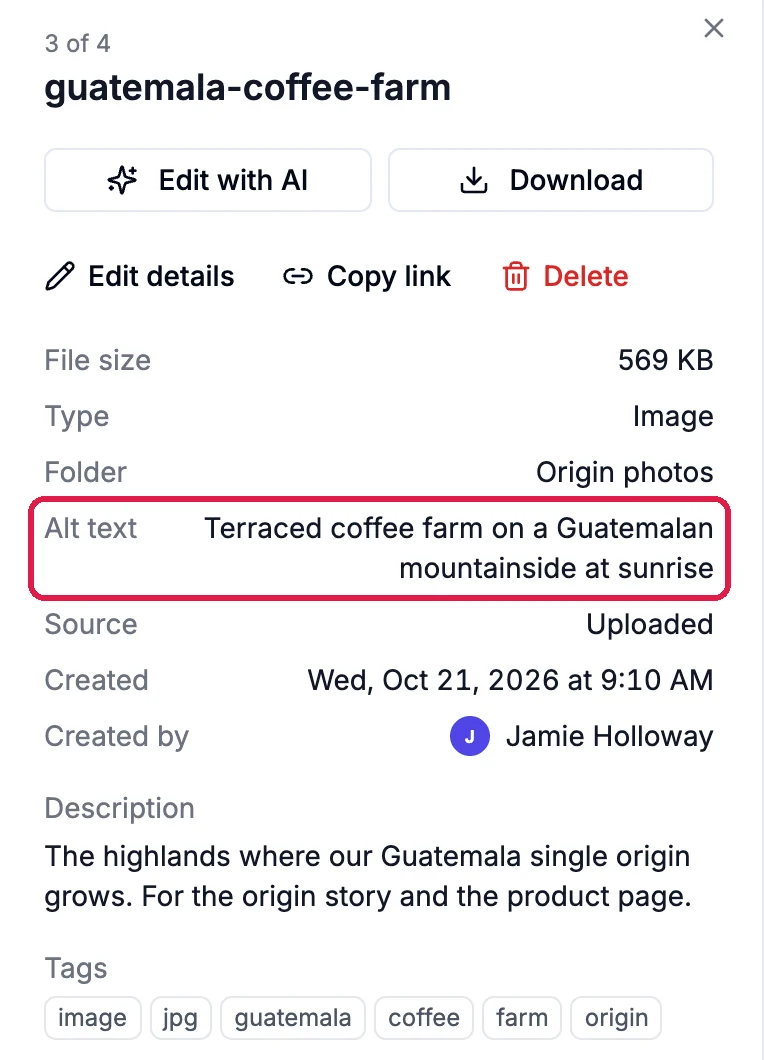 The details panel for guatemala-coffee-farm with Edit details, Copy link and Delete, and the saved Alt text row outlined