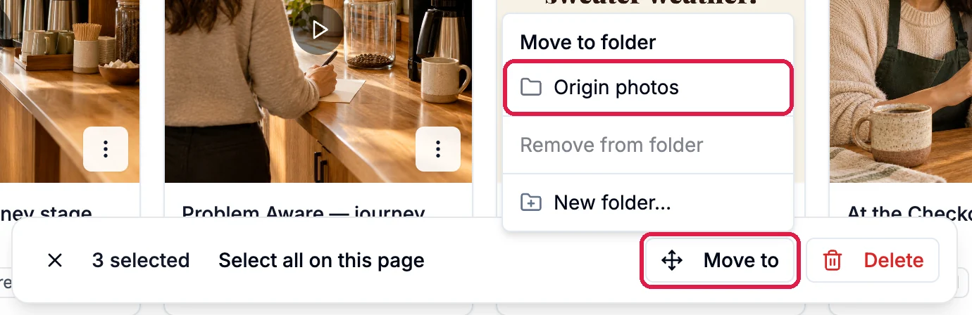 The bar reading 3 selected with Move to outlined, and its menu open with Origin photos outlined under Move to folder