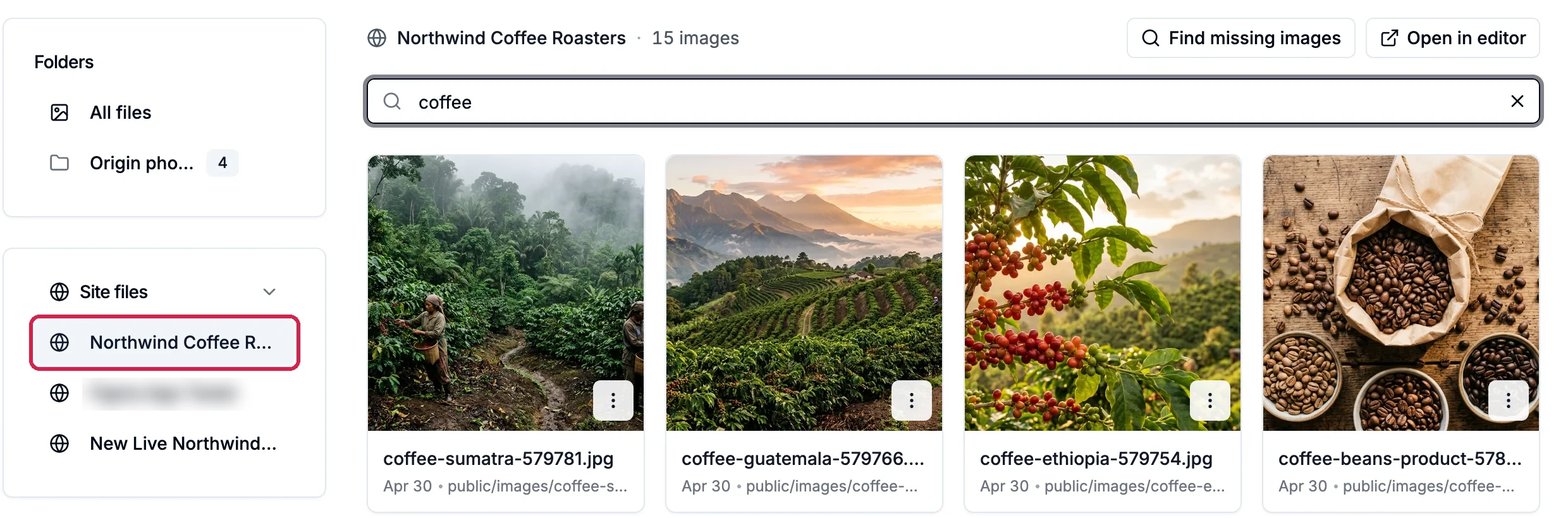 Site files with Northwind Coffee Roasters outlined, showing 15 images and the coffee photos found by the search coffee
