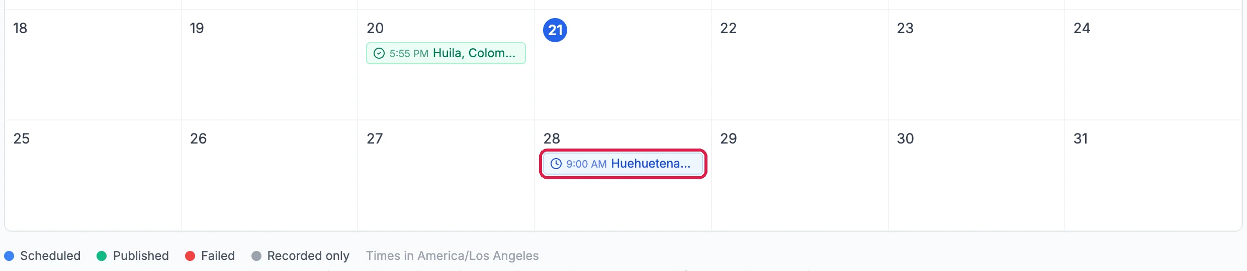 The October calendar with a published post on the 20th and the scheduled 9:00 AM Huehuetenango post on the 28th outlined, and the key Scheduled, Published, Failed and Recorded only