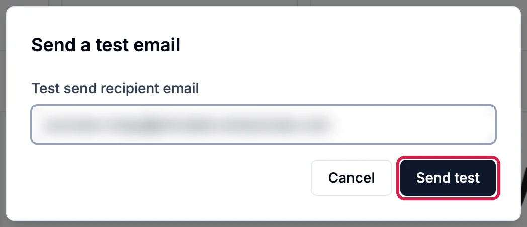 Send a test email with the Test send recipient email box and the Send test button outlined