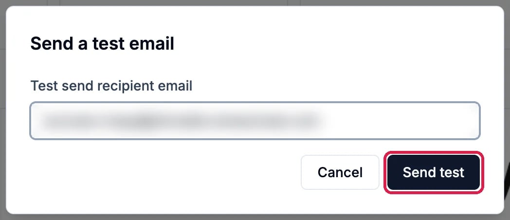 Send a test email with the Test send recipient email box and the Send test button outlined
