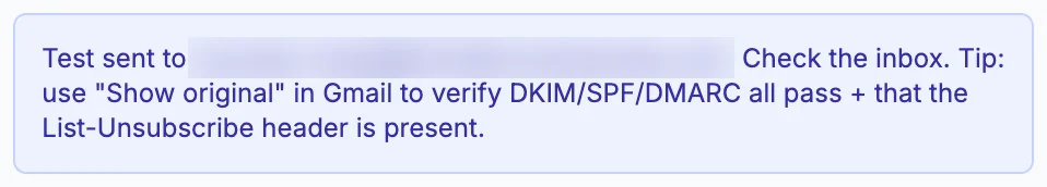 Test sent to a blurred address. Check the inbox.
