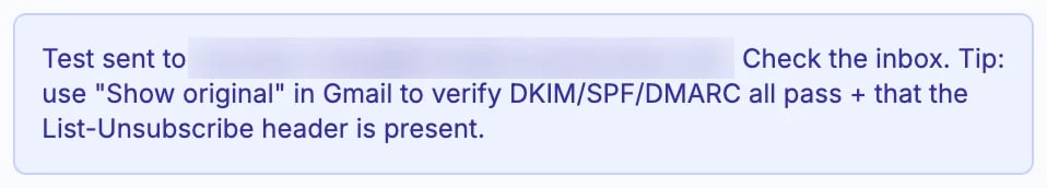 Test sent to a blurred address. Check the inbox.
