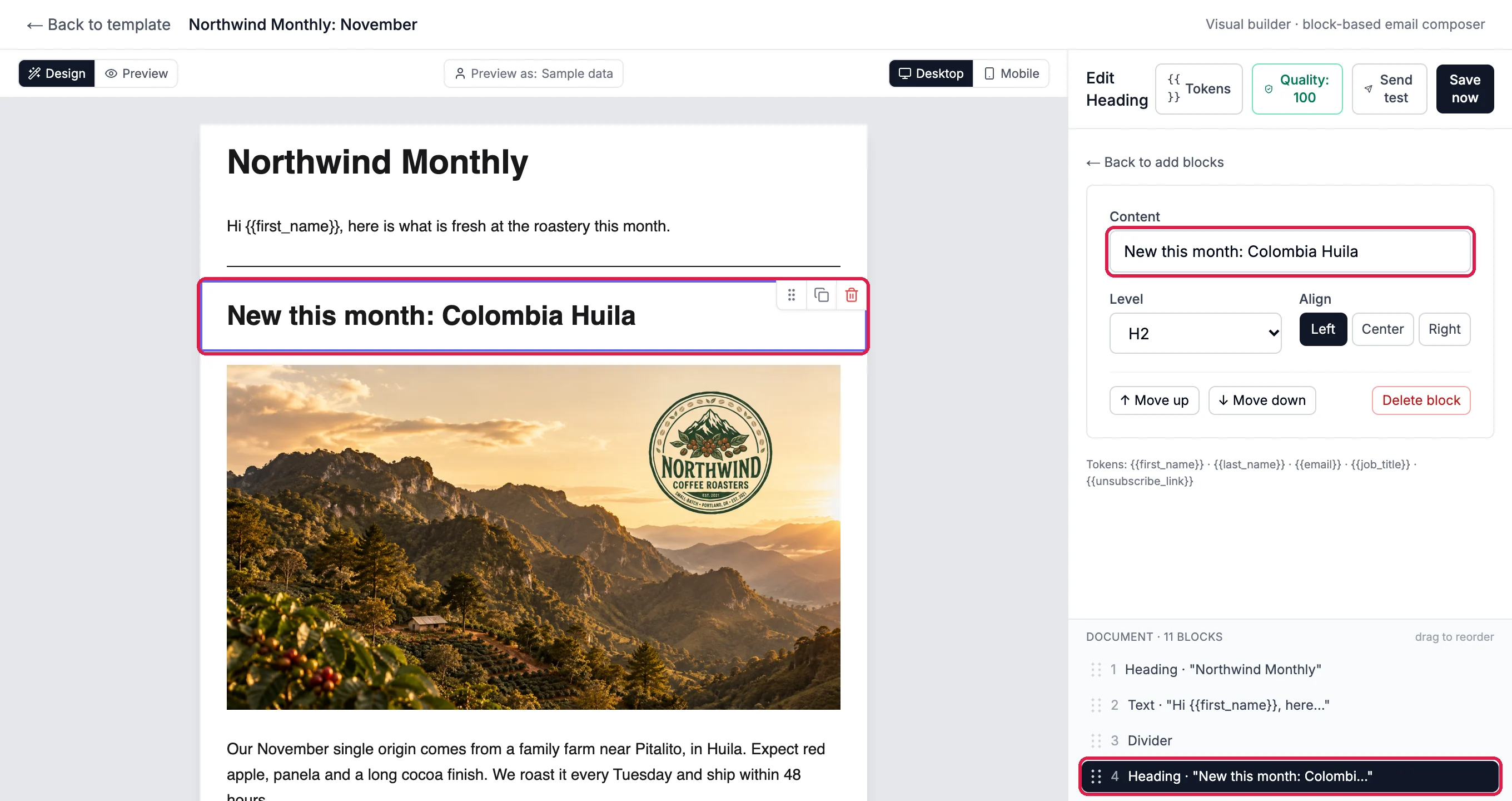The builder with the heading New this month: Colombia Huila outlined in the email, its Content outlined in the Edit Heading panel, and the same heading outlined in the Document list
