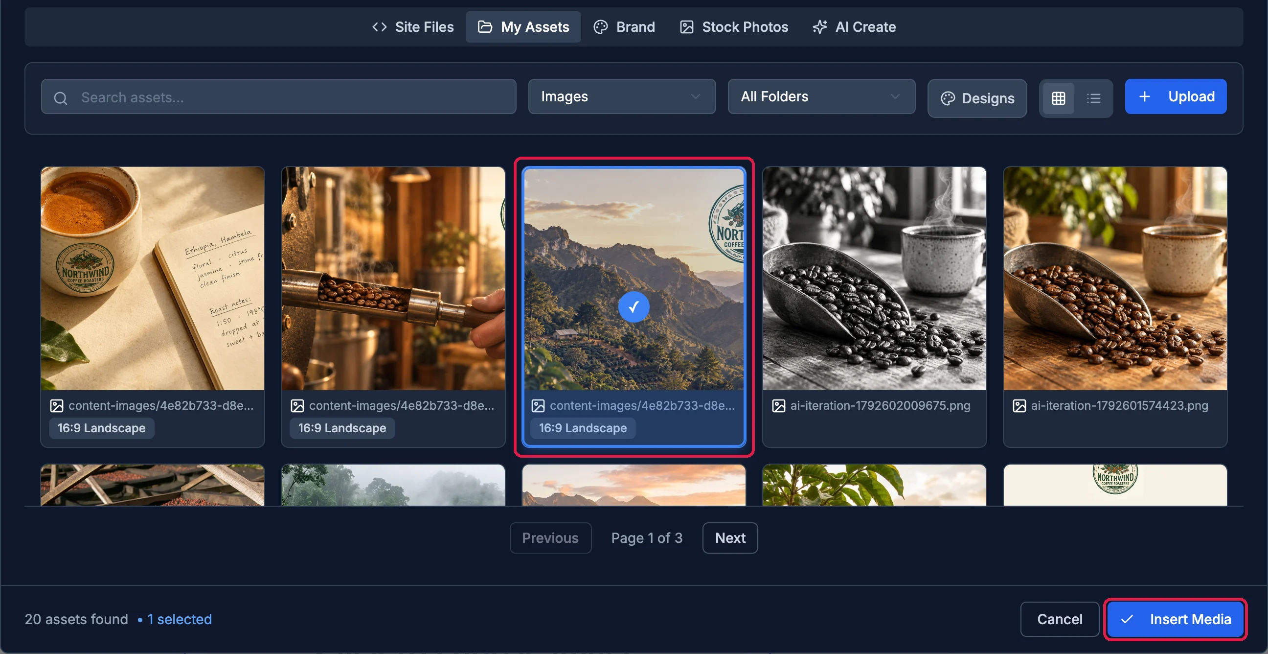 The media library on My Assets with a mountainside coffee farm photo selected and outlined, and the Insert Media button outlined