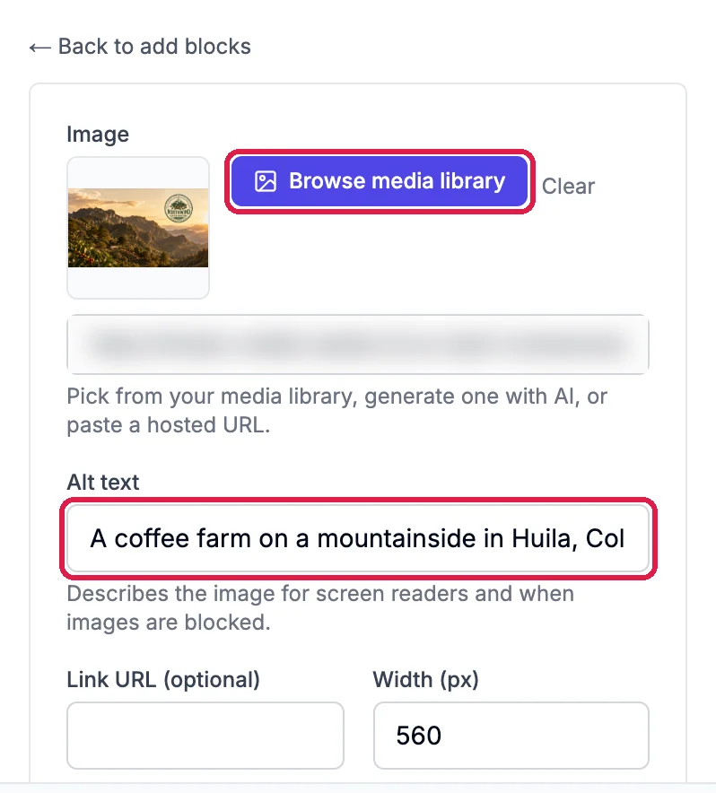 The Image settings with the chosen photo, the Browse media library button outlined, and Alt text A coffee farm on a mountainside in Huila, Colombia, outlined
