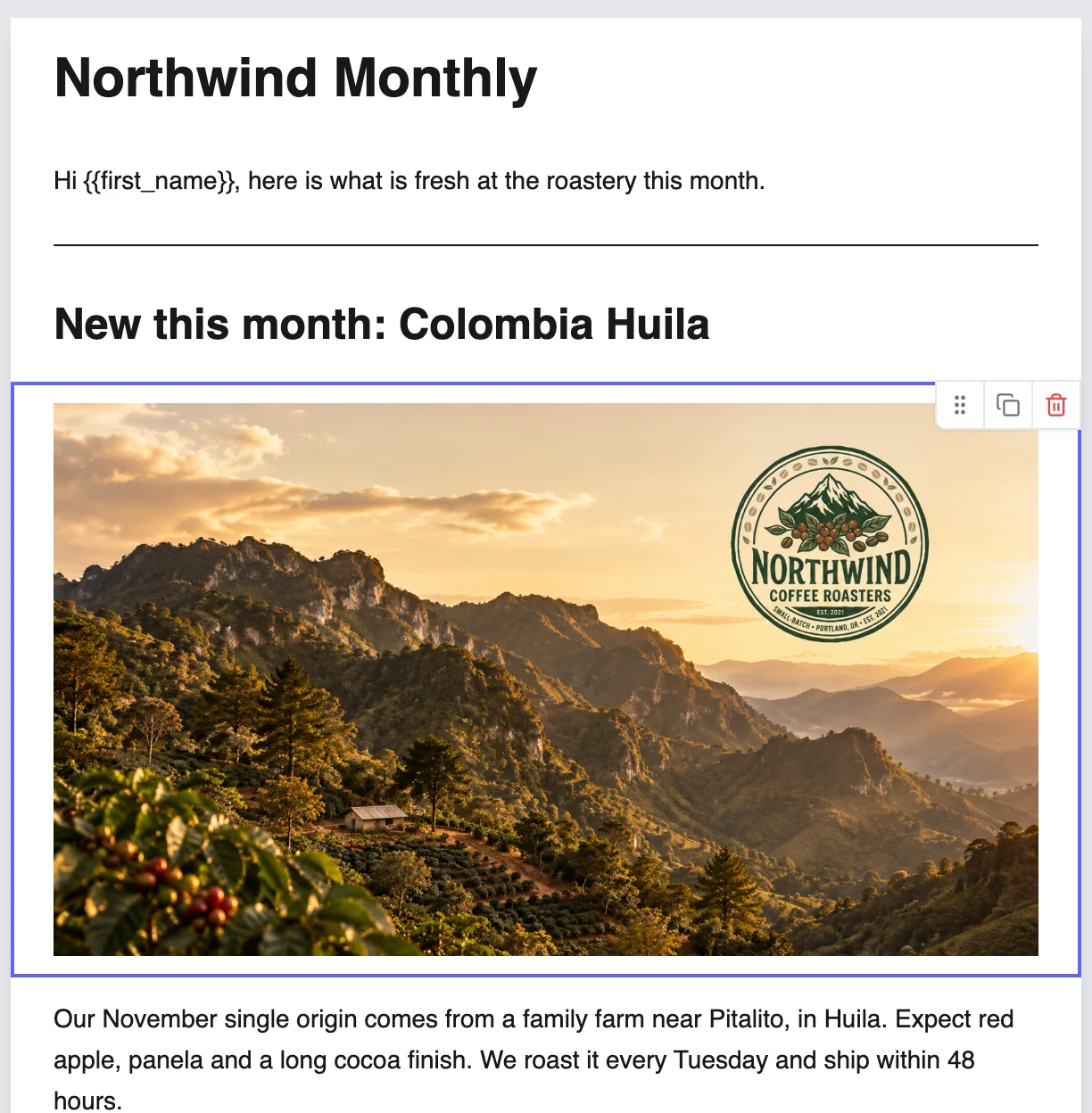 The email with the heading Northwind Monthly, the greeting, the heading New this month: Colombia Huila and the coffee farm photo selected below it
