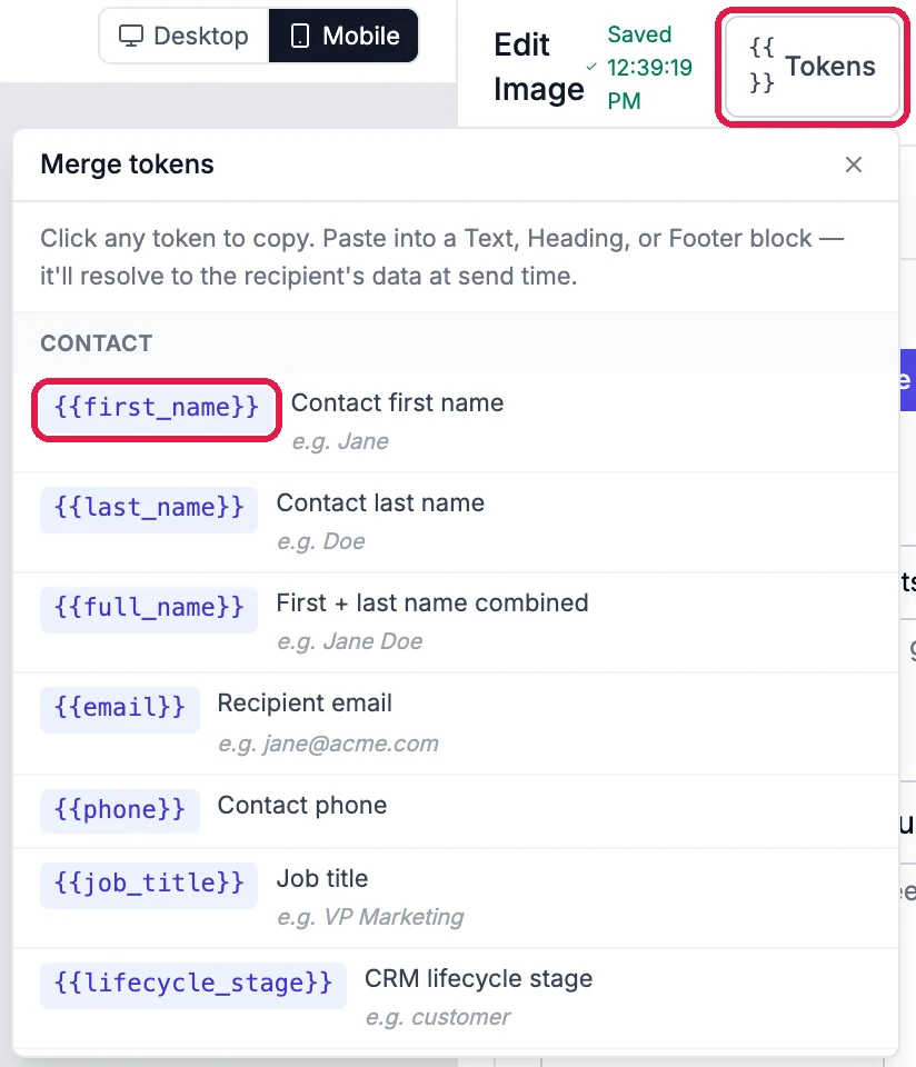 The Tokens button outlined and the Merge tokens list open: first_name outlined, then last_name, full_name, email, phone, job_title and lifecycle_stage