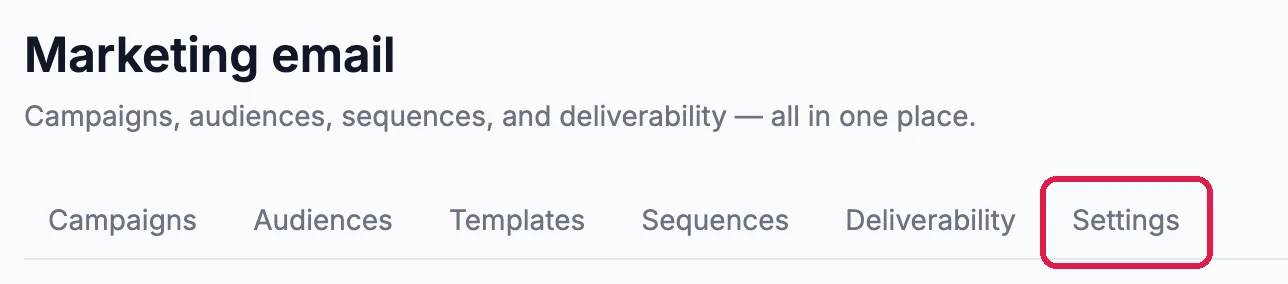 Marketing email with the tabs Campaigns, Audiences, Templates, Sequences, Deliverability and Settings, with Settings outlined