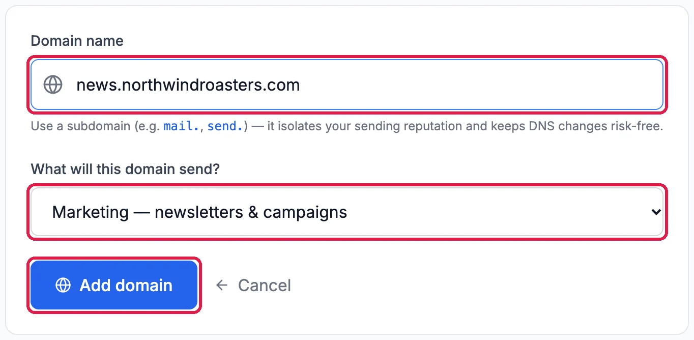 Domain name news.northwindroasters.com outlined, What will this domain send? set to Marketing, newsletters and campaigns, outlined, and the Add domain button outlined
