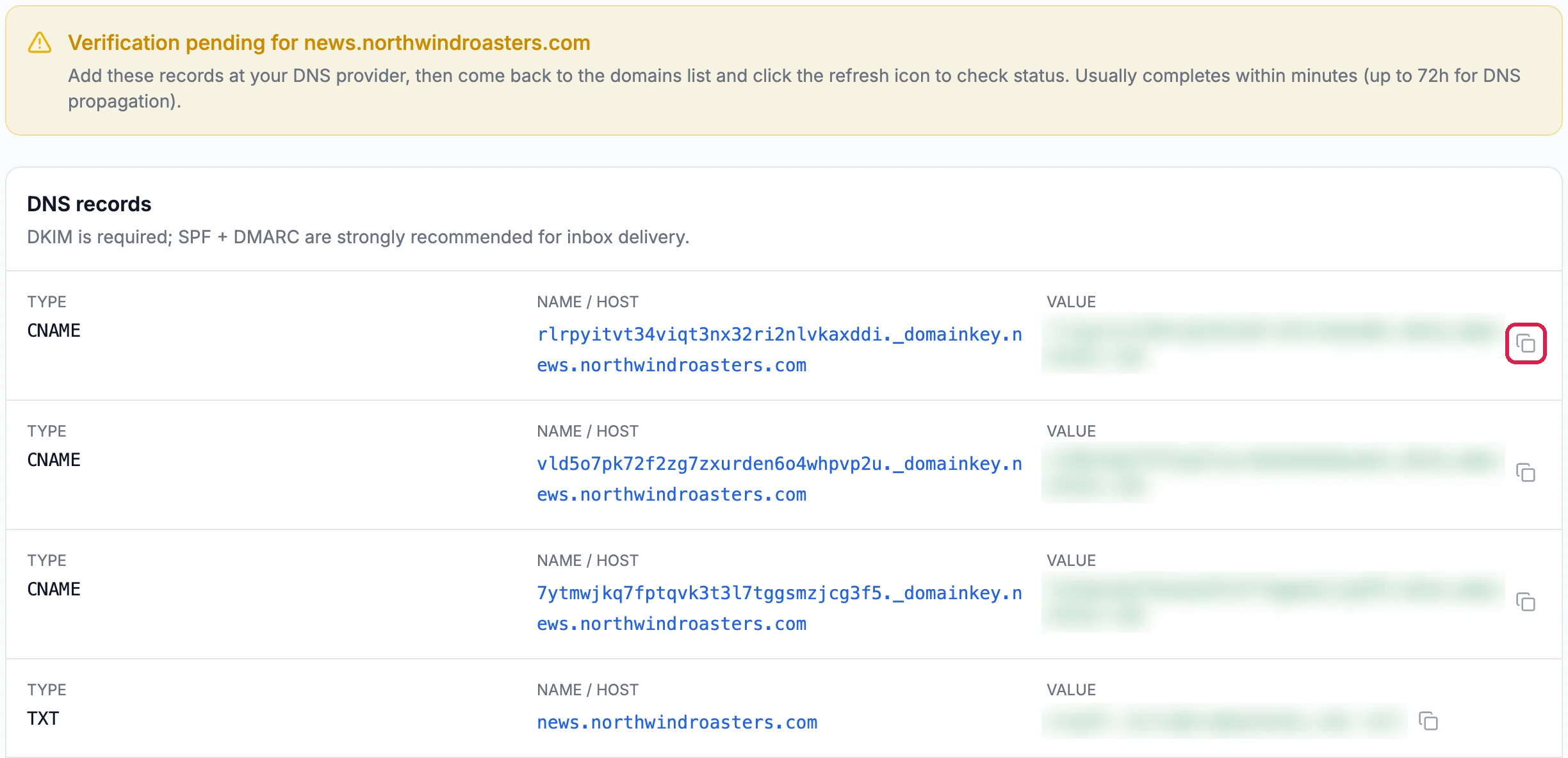 Verification pending for news.northwindroasters.com, and DNS records with three CNAME records and a TXT record, each with Type, Name / Host and Value, and the first record's copy button outlined