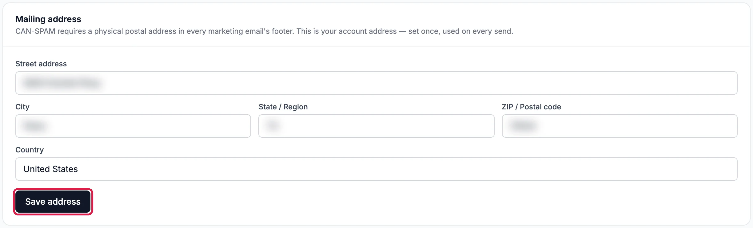 Mailing address with Street address, City, State / Region, ZIP / Postal code and Country United States, and the Save address button outlined