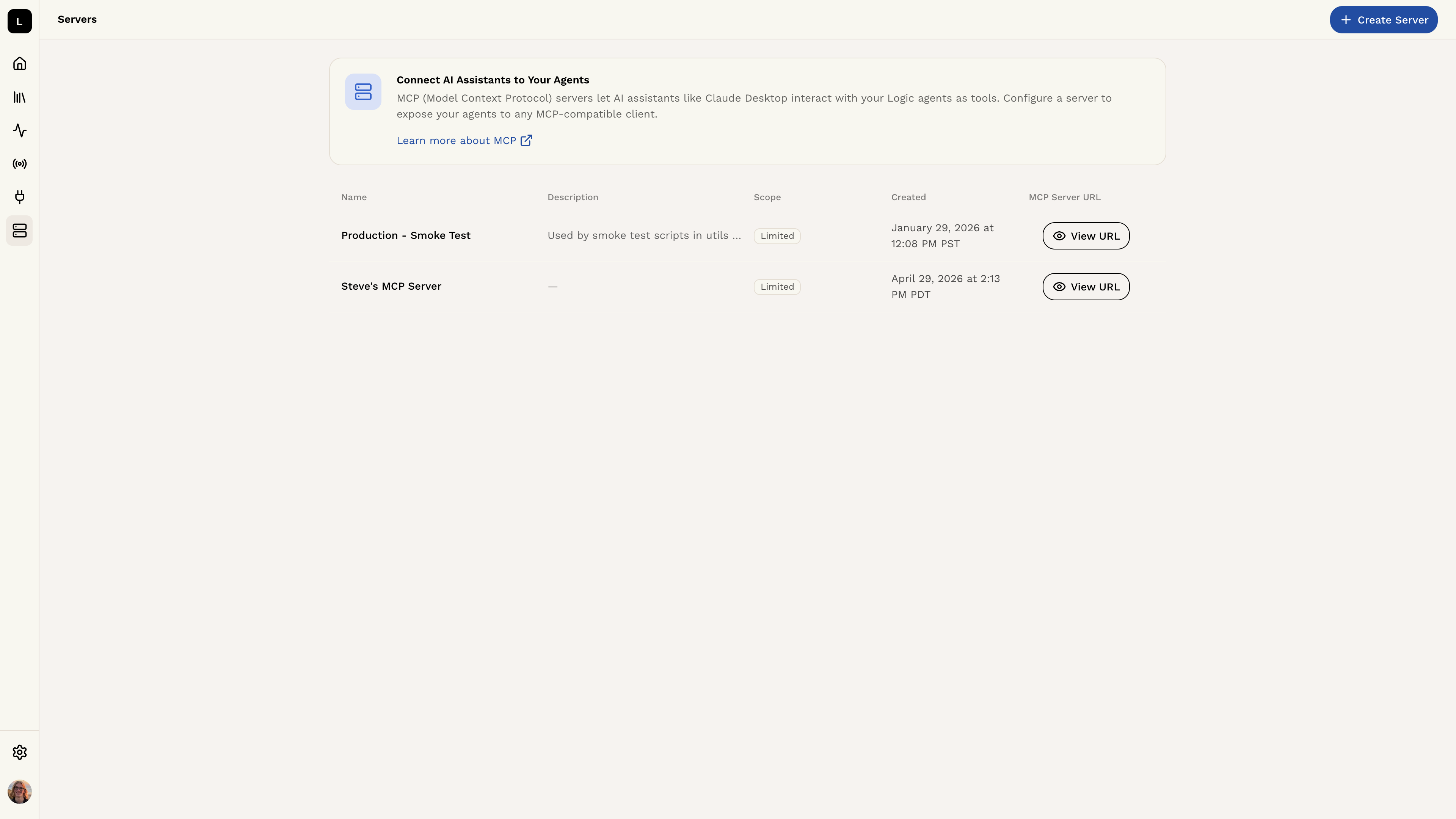 MCP servers settings page