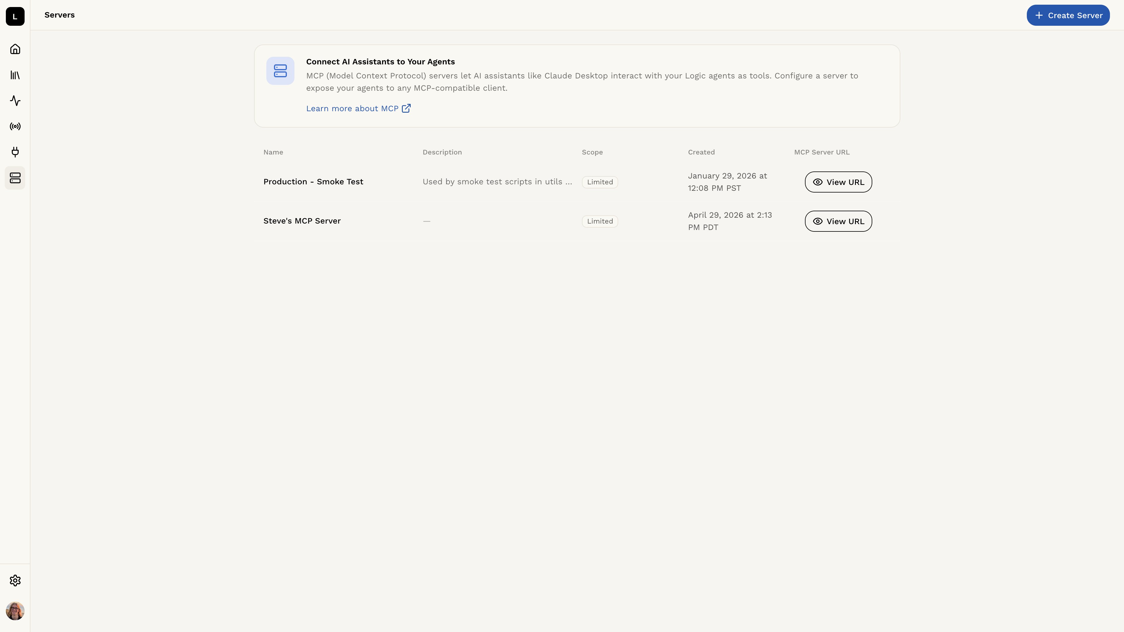 MCP servers settings page