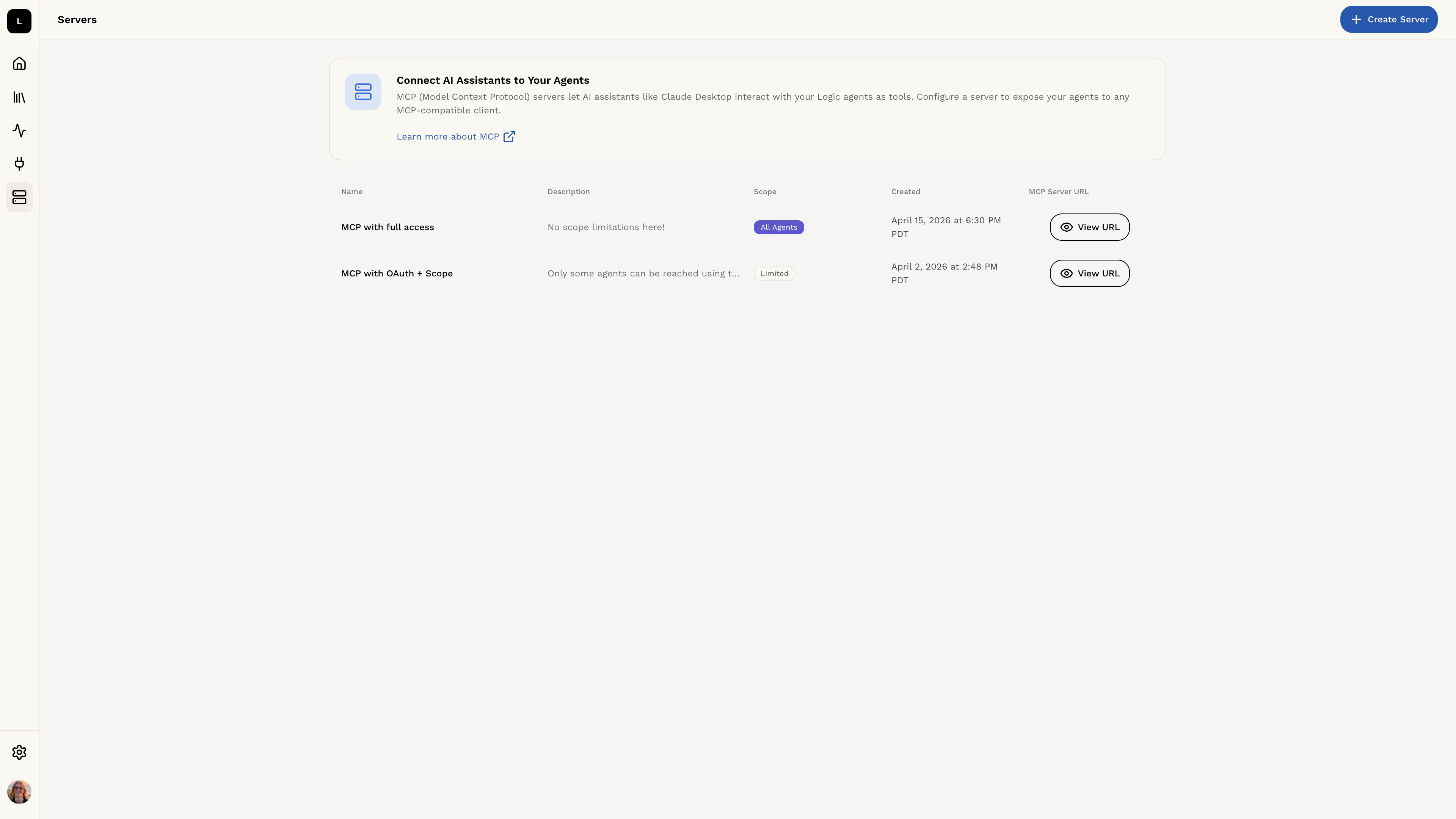 MCP servers settings page
