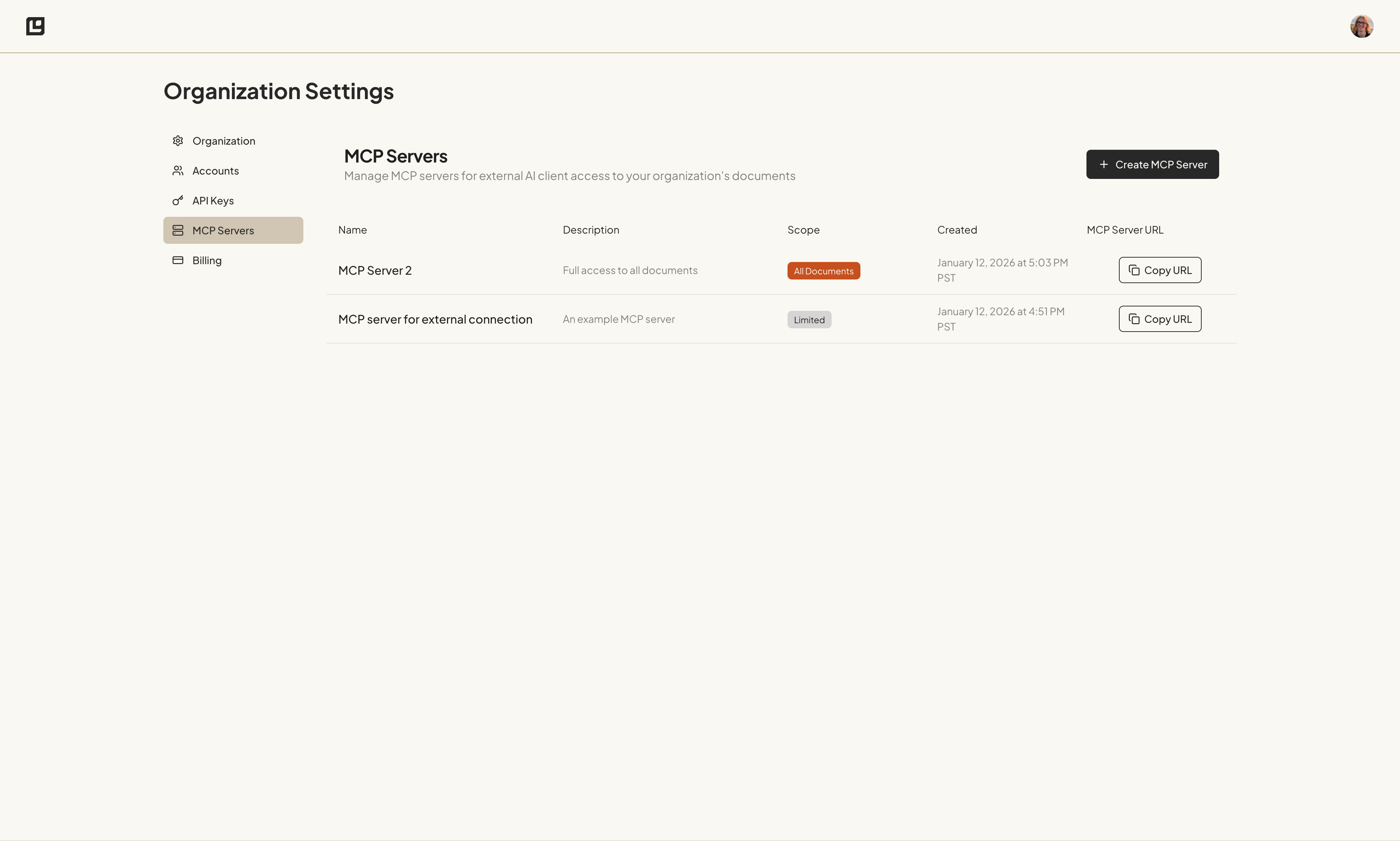 MCP servers settings page