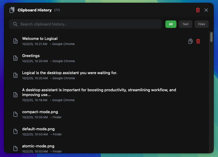 Logical Clipboard History showing categorized clipboard items with search functionality.