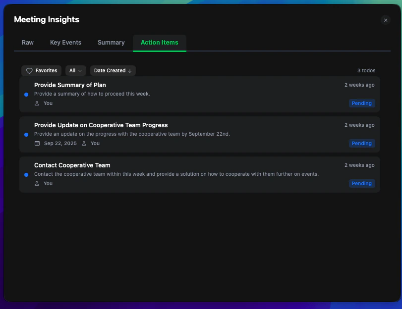 Logical action items view showing tasks, assignments, and deadlines.