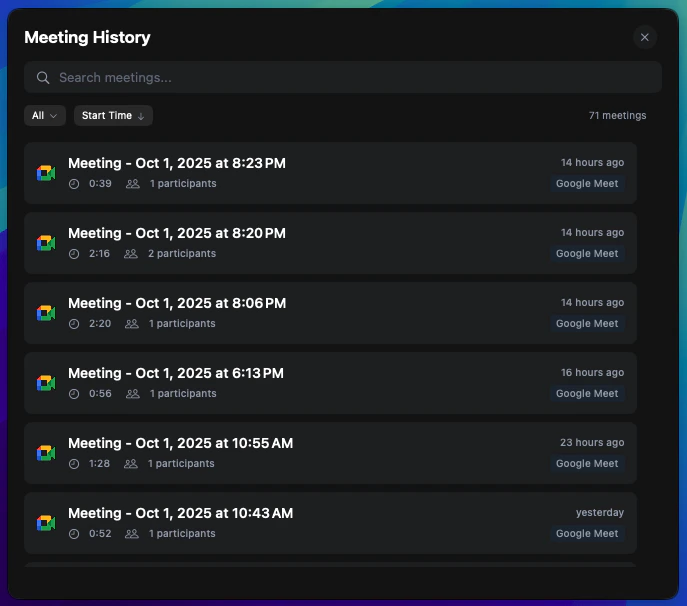 Logical meeting history showing organized list of past meetings with search and filter options.