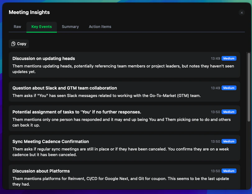 Logical key events view showing important meeting moments and decisions.