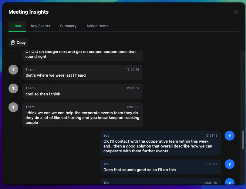 Logical meeting transcription showing real-time text with speaker names and timestamps.