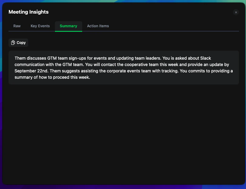 Logical meeting summary showing key points, decisions, and outcomes.