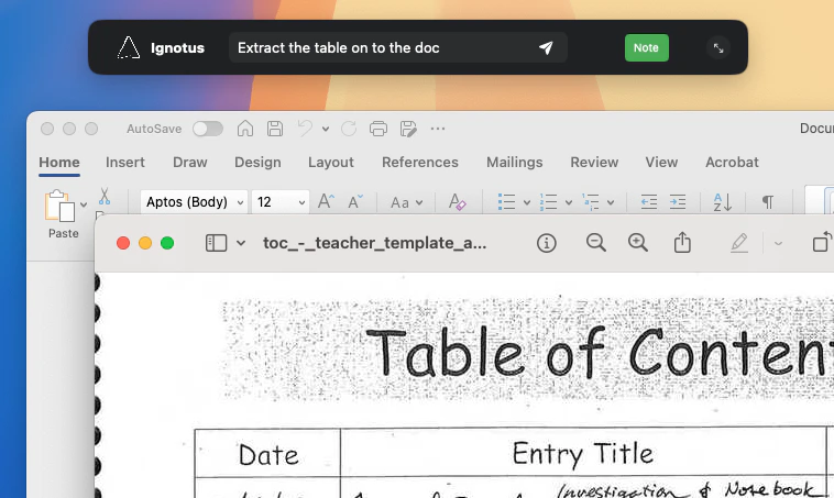 A command like: Extract the table on to the doc