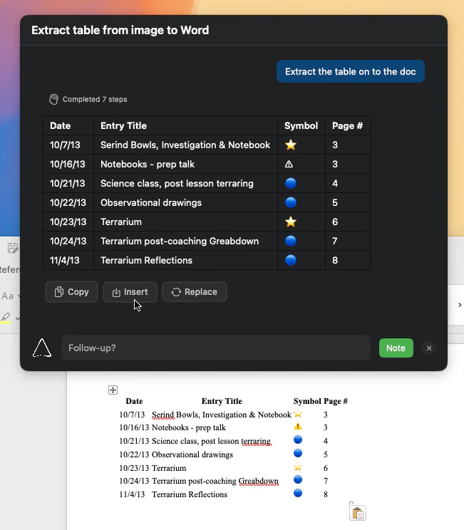 An animated GIF showing a handwritten table being digitized and inserted into a Word document.