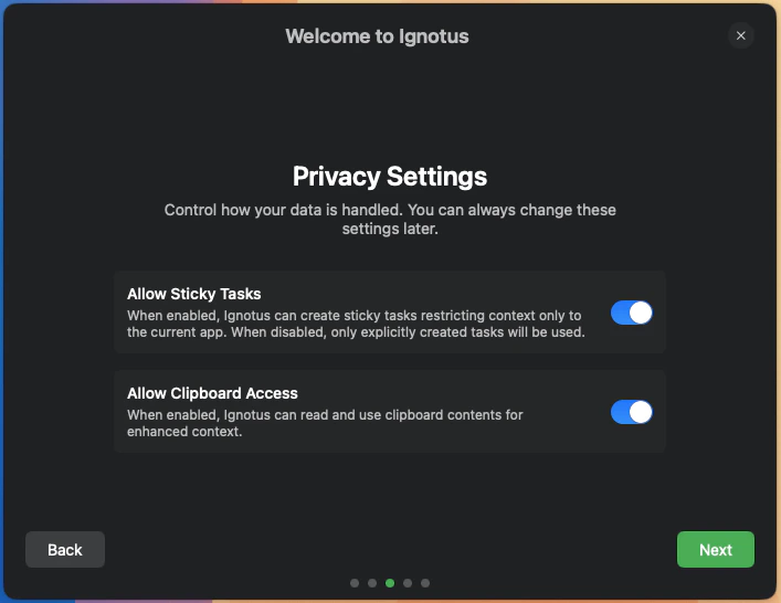 Privacy settings screen showing various toggles and options.