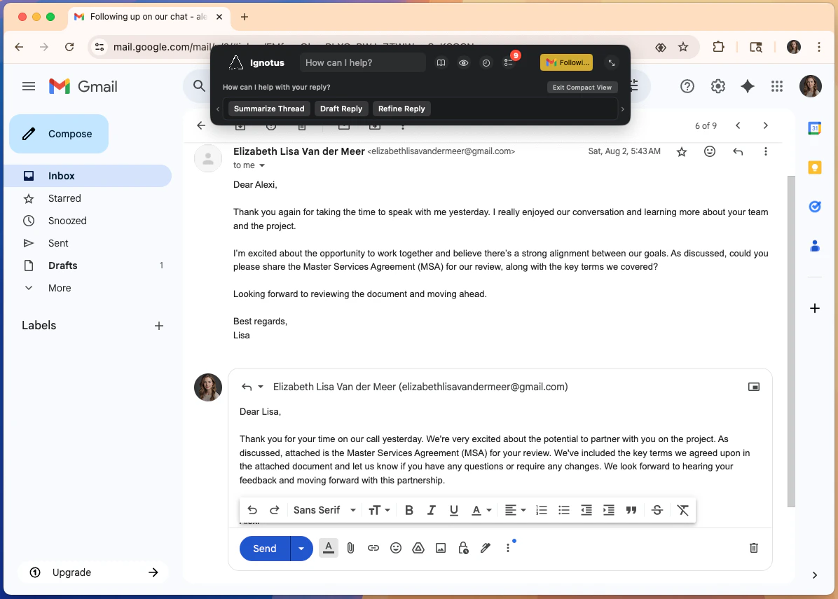 Chrome browser with Gmail open, showing Logical assistance panel.