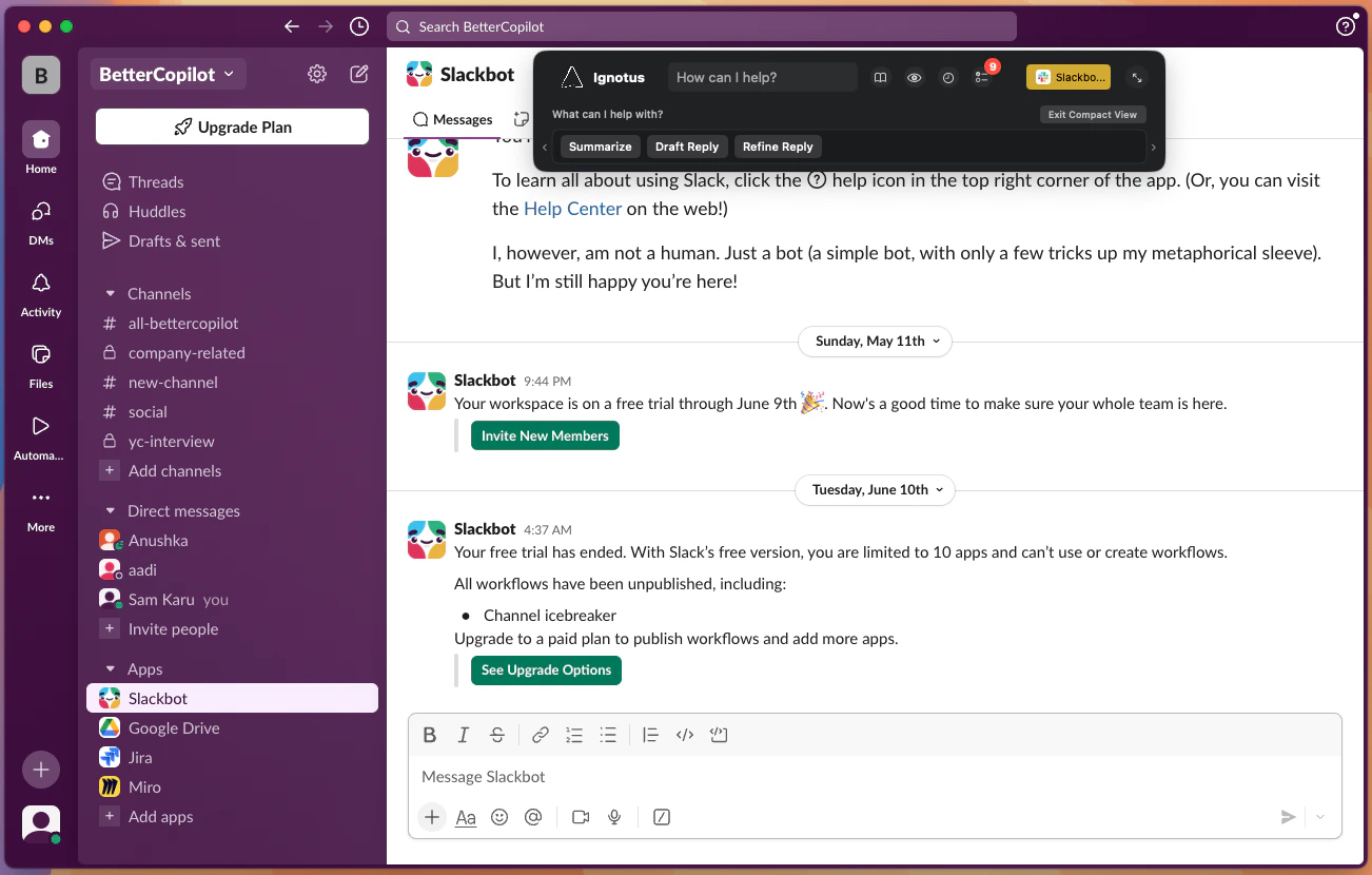 Slack interface with Logical suggesting message improvements.