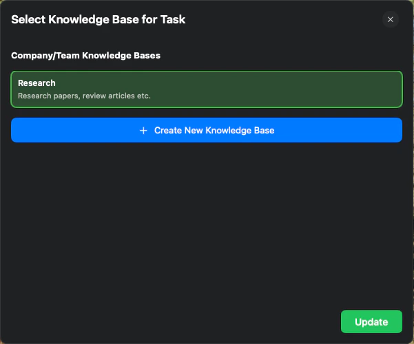 The Knowledge Base selection window with one item selected and the 'Update' button highlighted.