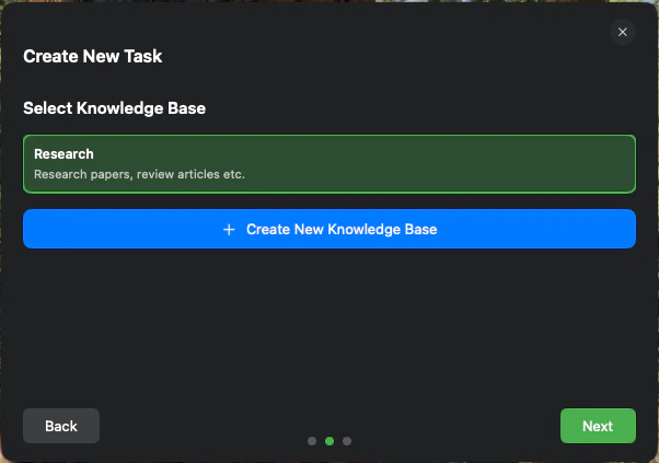The Task editor window with the Knowledge Base dropdown menu expanded.