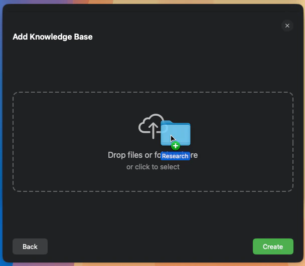 The Knowledge Base creation window with several files being dragged onto it.