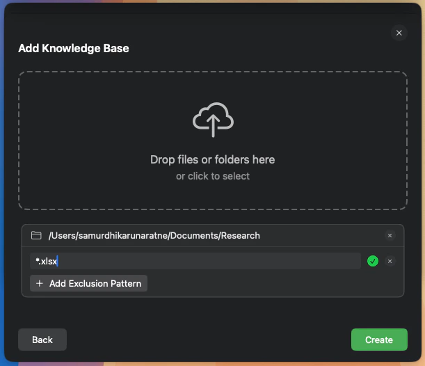 The source item view showing the 'Add Exclusion Pattern' button and a list of patterns.