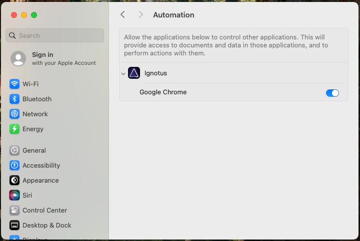 Permission dialog for app-specific automation access.