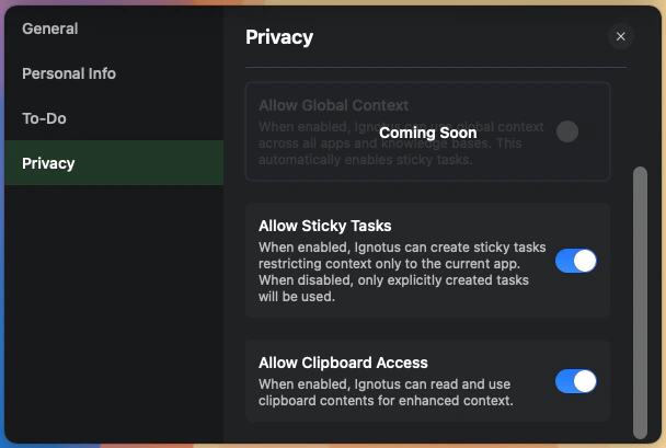 Logical privacy settings showing various toggles and options.
