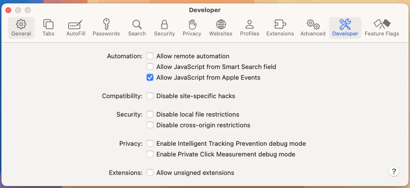 Safari preferences showing automation and JavaScript permissions.